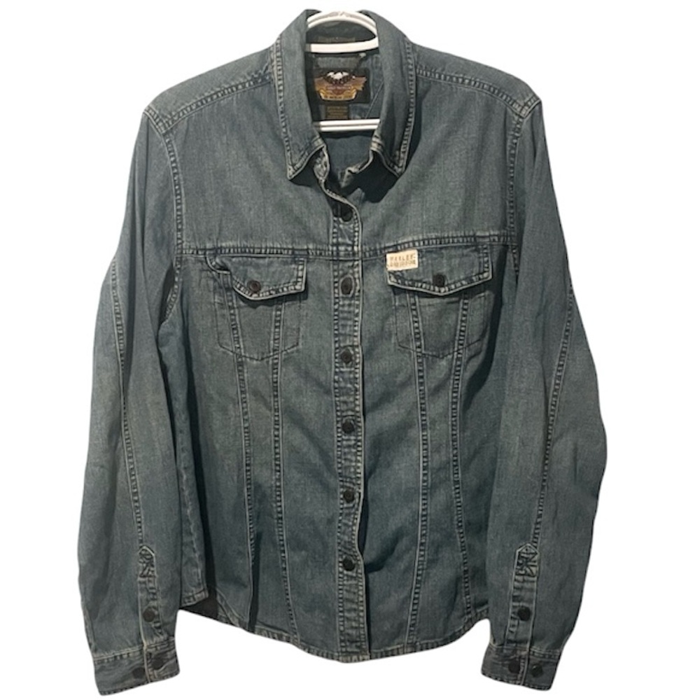 Harley- Davidson Blue Button-Up Jean Jacket Shirt Like New LG or oversized